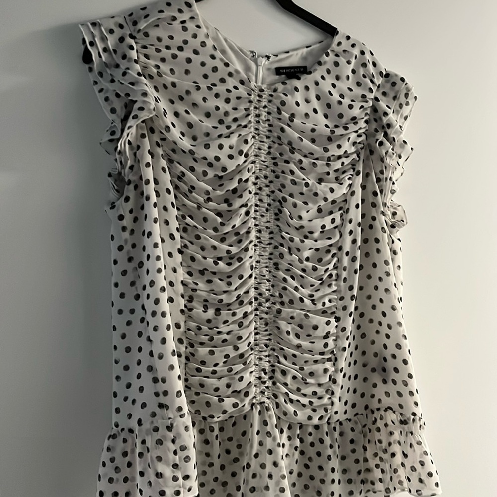 White with black polka dots unique blouse from WhoWhatWear size L